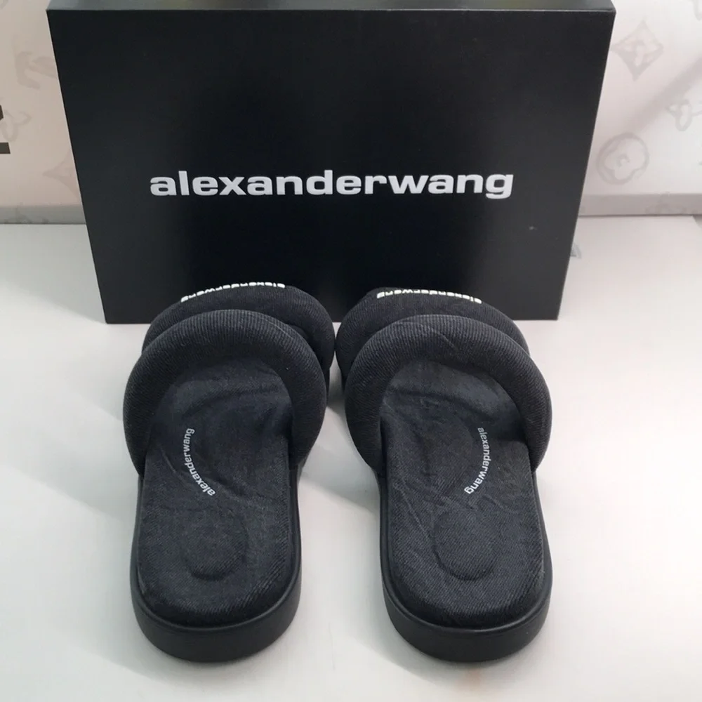 New Authentic Alexander Wang Women’s Jay Flatform Slides – Grey Denim